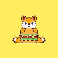 süßer Fuchs, der Burger isst. Tierkarikaturkonzept isoliert. kann für T-Shirt, Grußkarte, Einladungskarte oder Maskottchen verwendet werden. flacher Cartoon-Stil vektor