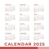 enkel kalender 2025, vecka Start söndag mall. vektor