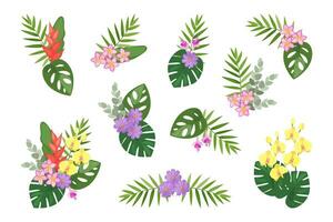 tropisk uppsättning av hand dragen blommig arrangemang. vektor botanisk illustration. layouter för de design av hälsning kort och inbjudningar.