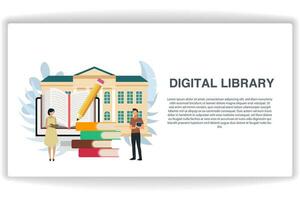 en kvinna läsning en bok. hemsida sida digital bibliotek. modern platt design begrepp av webb sida design för hemsida och mobil hemsida vektor
