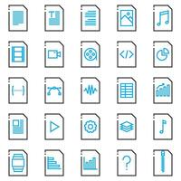 fil typ ikoner, i dubbel tona stil, för en mängd av kontor användningar och användare gränssnitt Inklusive doc, pdf, video filer, audio filer, musik, text, Text, jpg, och kalkylblad. vektor
