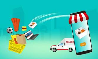 Handy, Mobiltelefon Einkaufen online Bestellung Körbe und Lieferung Fahrzeuge im das Stadt. Abbildungen sind benutzt zum Herstellung Werbung Materialien Über Verkauf Dinge durch das Internet. vektor