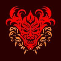 ein rot Teufel Kopf mit Scharf Zähne und Hörner und Blumen- Flammen unten es auf ein dunkel Hintergrund. einfach Vektor Illustration, Halloween Thema oder tätowieren Idee.