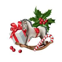 trä- häst, järnek, gåva, godis sockerrör. vektor illustration för ny år sammansättning. design element för hälsning kort, jul inbjudningar, tema banderoller, flygblad.