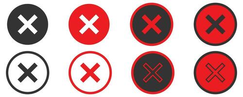 korsa ikoner samling på vit bakgrund. isolerat felaktig och fel symbol i annorlunda stil. nedgång och avvisa tecken i cirkel i röd Färg. felaktig och annullera i översikt och djärv design. vektor