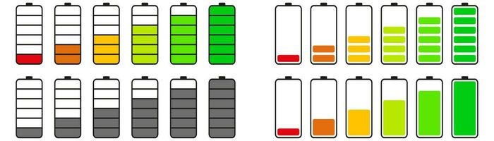 Handy, Mobiltelefon Batterie Symbole. isoliert Batterie Indikator im Wohnung. Handy, Mobiltelefon Akkumulator eben. niedrig und hoch Energie Indikator. Kapazität Symbol Satz. Vektor eps 10