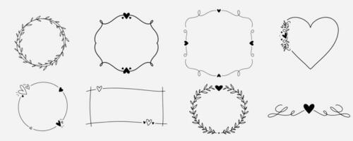 hand dragen klotter ram, handskriven fyrkant och runda ram. dekoration konst i klotter stil. årgång samling av kärlek i skiss vektor