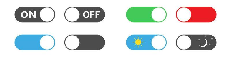 på och av toggle växlare. isolerat kraft reglaget i grön och röd. dag och natt piktogram. aktiva och inaktiv symbol. sväng på reglaget på vit bakgrund. skjuta på toggle uppsättning. vektor eps 10.