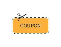 Coupon mit Schneiden Schere. Verkauf Etikette im Orange Farbe. gestrichelt Grenze. Rabatt Schild. Vorlage von Preis Coupon. Marketing Attrappe, Lehrmodell, Simulation Illustration. isoliert Geschenk Element. Vektor eps 10.