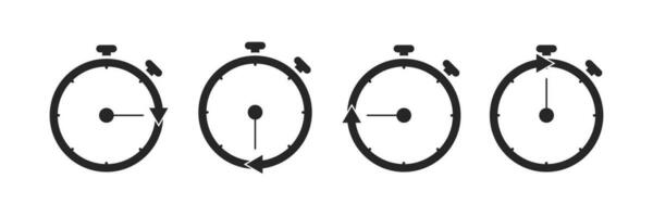 stoppur med pil ikon. isolerat uppsättning av nedräkning verktyg. Start och sluta kronometer. runda sluta Kolla på symbol på vit bakgrund. enkel svart nedräkning med pil inuti. eps 10. vektor