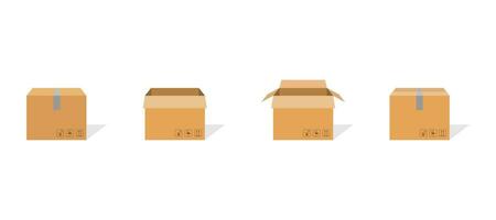 Karton Box Container Satz. Paket Lieferung Paket mit Scotch und fragil unterzeichnen. öffnen und geschlossen Karton Pack mit Schatten. Warenhaus Symbol im eben Design. braun Karton. Vektor eps 10.