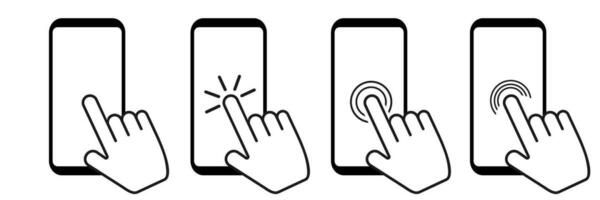 Smartphone Bildschirm mit Klicken Finger. berühren Anzeige mit Hand auf Weiß Hintergrund. isoliert Handy, Mobiltelefon Gerät mit Zapfhahn Symbol. Wahl Mauszeiger Piktogramm Sammlung. Vektor Satz. eps 10.