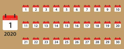 September Kalender Planer. isoliert Monat Veranstalter im rot und Weiß. Tage von Monat von 1 zu 30. Erinnerung zum September. Tagebuch einstellen im eben Design. Woche und Monat Kalender. eps 10. vektor