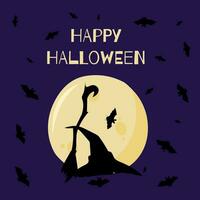 de vektor illustration av Lycklig halloween kan vara Begagnade som en baner eller en hälsning kort. häxa hatt och kvast, fladdermöss, på en violett bakgrund.