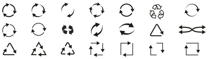 återvinna pilar i svart. läser in pil piktogram. cirkulär rotation symbol. återvinna tecken. refresh ikoner samling. upprepa slinga piktogram. vektor eps 10