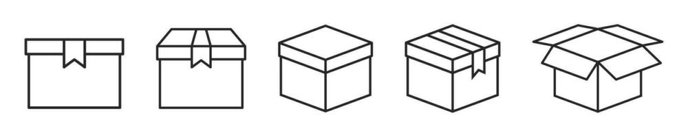 Gliederung Container Kasten. isoliert Lieferung Paket Satz. Karton im schwarz einfach Design. öffnen und geschlossen Box mit Streifen. Versand Container Symbol im Platz Form. Vektor eps 10.