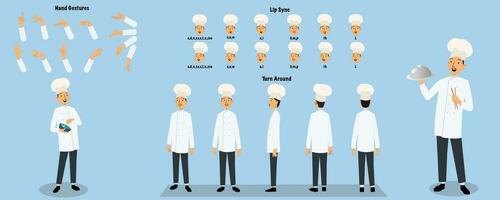 ein Koch Charakter Lippen synchronisieren, Hand Geste, Wende um Modell- Blatt zum Animation. vektor