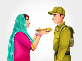 kreativ Vektor von Frau binden Rakhi zu Soldat Bruder auf das Gelegenheit von indisch Festival Raksha Bandhan oder bhai dooj Vorlage.