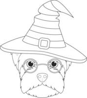Halloween Gruß Karte zum Färbung. Westen Hochland Weiß Terrier Hund gekleidet wie ein Hexe mit Brille und schwarz und Orange Hut vektor