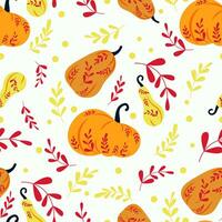 Hand gezeichnet Herbst nahtlos Kürbis Muster Witz Geäst, Blätter und Flecken. geeignet zum Dekor, Ernte Festival, Halloween, Scrapbooking, gesund Lebensmittel. Vektor eben Stil.