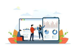 Daten Analyse Konzept mit Geschäftsmann Charakter. Zusammenarbeit Geschäft Analytiker Grafiken und Der Umsatz Verwaltung statistisch Diagramme und betriebsbereit Berichte eben Vektor Illustration. finanziell Bericht Metapher