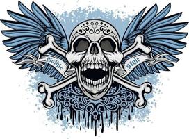 gotisches Schild mit Totenkopf und blauen Flügeln, Grunge-Vintage-Design-T-Shirts vektor