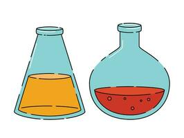 kemisk glas kolvar av annorlunda former vätskor. kemisk vapen, syra eller förgifta. tecknad serie illustration. vektor