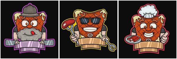 uppsättning av nötkött biff maskot tecknad serie. utsökt, Häftigt och Lycklig ansikte. tom tecken. för mat, kött, grilla och nötkött logotyp. vektor