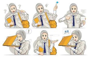 hijab liten unge, skola flicka karaktär uppsättning. vektor illustration