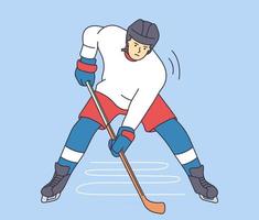 Profisport und Lifestyle. junger Mann Hockeyspieler Cartoon-Figur auf Eis mit Stock in Sportuniform rutschen.