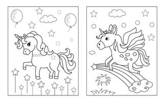 färg sida med söt enhörning. vektor svart och vit bild för barn. Häftigt unicorns med regnbåge, blommor, sötsaker.