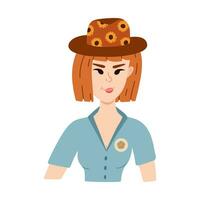 hand dragen eleganta ung cowgirl bär hatt med solros mönster, sheriff bricka. söt ko flicka porträtt av vild väst tema. vektor Västra kvinna karaktär för skriva ut design, affisch, cowboy fest.