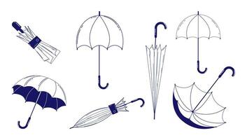 Regenschirme im ein linear Stil. ein einstellen von Regenschirme von anders Winkel und Positionen. Vektor linear Illustration.