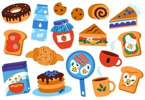 einstellen von Frühstück Elemente. süß Hand gezeichnet Bilder von Sandwich, Toast, Kuchen, Marmelade, gebraten Eier, Pfannkuchen, Milch, Tee, Kaffee. eben Vektor Illustration.