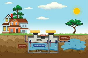 septisch Panzer Diagramm. septisch System und ablassen Feld planen. ein unter Tage septisch Panzer Illustration. Infografik mit Text Beschreibungen von ein septisch Panzer. Zuhause Abwasser Behandlung System. vektor