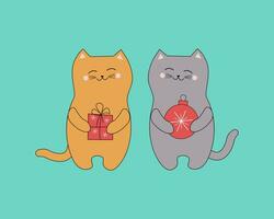 komisch Karikatur Katzen mit ein Geschenk und ein Neu Jahre Ball. Design Elemente zum Weihnachten Karte, Vektor Illustration auf isoliert Hintergrund.