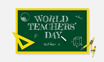 Lycklig värld lärares dag med svarta tavlan och pedagogisk element vektor