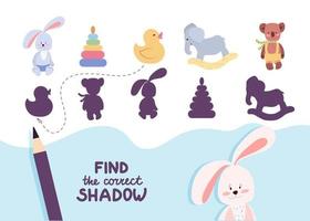 Finde den richtigen Schatten. süßes Kinderspielzeug. Lernspiel für Kinder. Sammlung von Kinderspielen. Vektorillustration im Cartoon-Stil vektor
