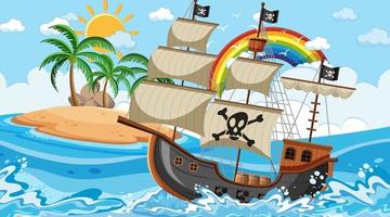 Ozean mit Piratenschiff bei Tageszeitszene im Karikaturstil vektor