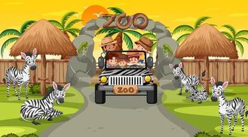 Zoo zur Sonnenuntergangszeit mit vielen Kindern, die Zebragruppe beobachten vektor
