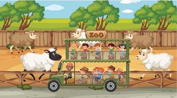 Safari-Szenen mit vielen Schafen und Zeichentrickfiguren für Kinder vektor