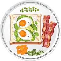 Draufsicht auf Frühstücksteller mit Ei auf Brot und Speck vektor