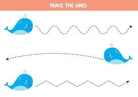 Spurlinie mit Blauwal. Handschriftübungen für Kinder. vektor