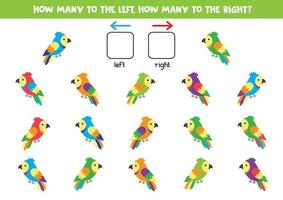 wie viele Papageien nach rechts und nach links gehen. Logikspiel für Kinder. vektor