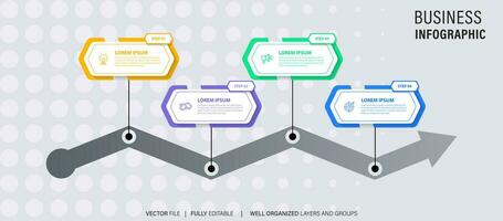 Zeitleiste Infografik mit Infodiagramm. modern Präsentation Vorlage mit 4 spets zum Geschäft Verfahren. Webseite Vorlage auf Weiß Hintergrund zum Konzept modern Design. horizontal Layout. vektor