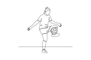 kontinuerlig ett linje teckning rolig kvinna fotboll spelare begrepp. klotter vektor illustration.