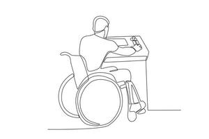 Single kontinuierlich Linie Zeichnung von ein Mann im ein Rollstuhl Wer funktioniert wie ein Operator vektor