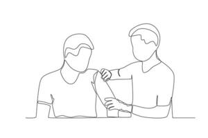 kontinuierlich Single Linie Zeichnung von ein männlich Arzt Reinigung Patienten Injektion Seite? ˅ auf links Hand vektor