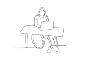 Single kontinuierlich Linie Zeichnung von ein Frau im Rollstuhl Fertigstellung Arbeit beim ihr Schreibtisch vektor