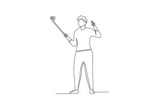 ett kontinuerlig linje teckning av en manlig vloggers använda sig av mobil telefoner och selfie pinnar till göra vloggar vektor